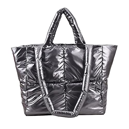 Soft Puffer Tote Bag Puffy Quilted Tote Bag For Women Winter Lightweight Down Cotton Padded Puffer Purse Trendy Luxury Gray