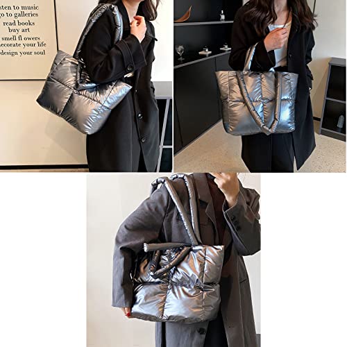 Soft Puffer Tote Bag Puffy Quilted Tote Bag For Women Winter Lightweight Down Cotton Padded Puffer Purse Trendy Luxury Gray