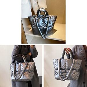 Soft Puffer Tote Bag Puffy Quilted Tote Bag For Women Winter Lightweight Down Cotton Padded Puffer Purse Trendy Luxury Gray