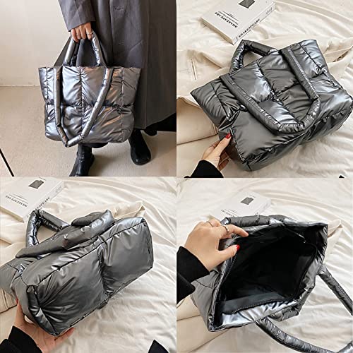 Soft Puffer Tote Bag Puffy Quilted Tote Bag For Women Winter Lightweight Down Cotton Padded Puffer Purse Trendy Luxury Gray