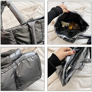 Soft Puffer Tote Bag Puffy Quilted Tote Bag For Women Winter Lightweight Down Cotton Padded Puffer Purse Trendy Luxury Gray