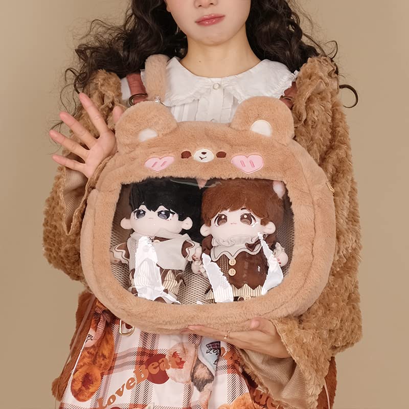 Kawaii Ita Bag Plush Crossbody Bag, Cute Animal Fuzzy Backpack Shoulder Bag Clear Window Lolita Bag Cosplay Itabag for Girls (Brown)