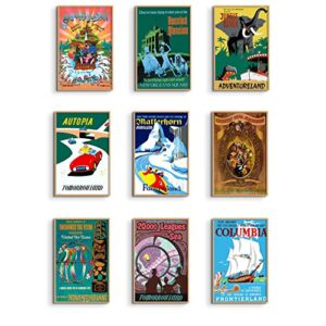 vintage disney posters, the haunted mansion poster, splash mountain, 20,000 leagues under the sea, jungle river, matterhorn, disney ride reproduction wall art 11×17 set of 9 disney poster print
