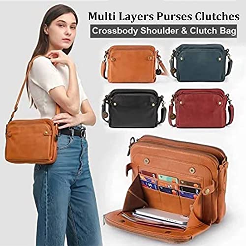 Genryu Crossbody Leather Shoulder Bags and Clutches, Three Layer Leather Crossbody Shoulder, Women's Casual Multi Layers Purses Clutches (Brown)