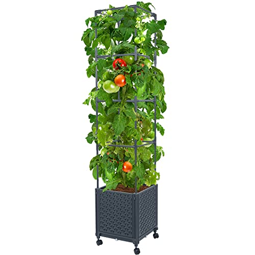 LINEX Raised Garden Bed Planter Box with Trellis, 56.7” Tomato Planters for Climbing Plants Vegetable Vine Flowers Outdoor Patio, Tomatoes Cage w/Self-Watering & Wheels