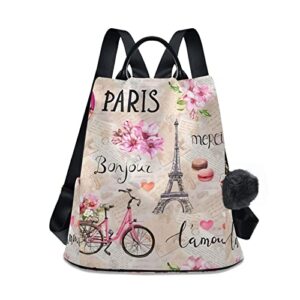 mcyhzjd backpack purse, paris eiffel tower with rose flowers french anti-theft casual college school ladies fashion shoulder bag