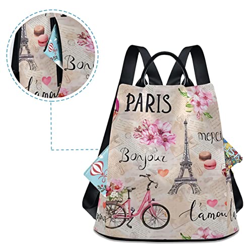 Mcyhzjd Backpack Purse, Paris Eiffel Tower with Rose Flowers French Anti-theft Casual College School Ladies Fashion Shoulder Bag