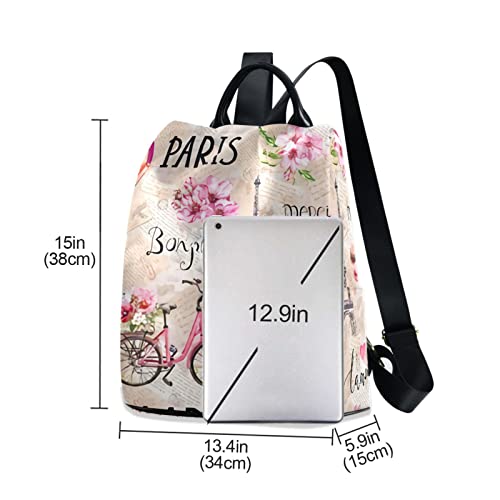 Mcyhzjd Backpack Purse, Paris Eiffel Tower with Rose Flowers French Anti-theft Casual College School Ladies Fashion Shoulder Bag