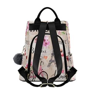 Mcyhzjd Backpack Purse, Paris Eiffel Tower with Rose Flowers French Anti-theft Casual College School Ladies Fashion Shoulder Bag