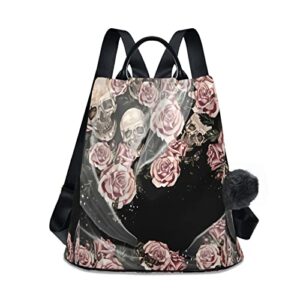 mcyhzjd backpack purse, watercolor skulls and roses anti-theft casual college school ladies fashion shoulder bag