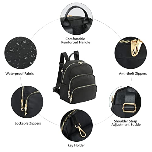 Glam4ever Mini Backpack Purse for Women Teen Girls Black Nylon Daypacks School Bag Travel Bag Hiking Bag Shoulder Bag Crossbody Bag Shopping Bag