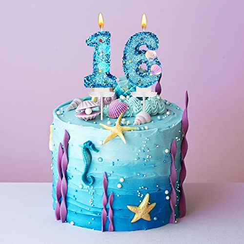 3 Inch Shell Birthday Number Candle, Glitter Number Candle Cake Topper Shell Sequins Cake Numeral for Birthday Wedding Anniversary Mermaid Themed Party (Blue, 5)