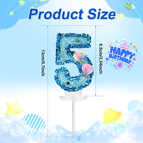 3 Inch Shell Birthday Number Candle, Glitter Number Candle Cake Topper Shell Sequins Cake Numeral for Birthday Wedding Anniversary Mermaid Themed Party (Blue, 5)