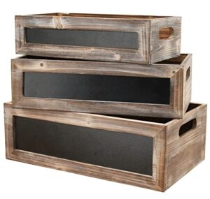 mode home set of 3 large torched wood decorative storage crates with chalkboard, nesting wooden crates for display rustic, farmhouse wooden storage container boxes made from 100% wood