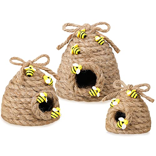 3 Pieces Bee Hive Decor Honey Bee Tiered Tray Decor Summer Spring Bumble Bee Decorations Mini Jute Beehive Farmhouse Kitchen Decor for Table Shelf Sitter Home Coffee Bar Themed Party