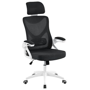 yaheetech ergonomic mesh office chair, high back desk chair with with flip-up armrests, adjustable padded headrest computer chair with lumbar support for home oiffce game room, white/black