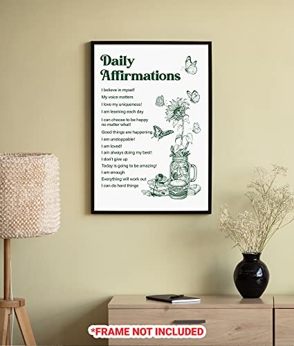 16x24" - Vintage Green Inspirational Quotes Daily Self-love Affirmation Posters Unframed for Room Aesthetic Cute Sunflower Butterfly Food Wall Art Painting Retro Wall Decor (No Frame)