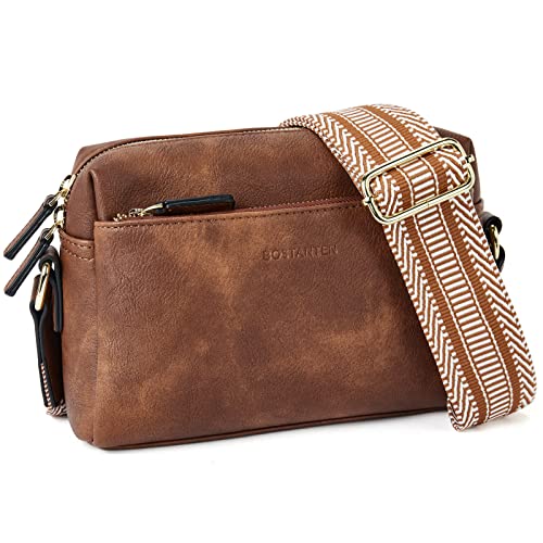 BOSTANTEN Small Crossbody Purse for Women Triple Zip Cell Phone Leather Shoulder Handbag with Wide Guitar Strap Brown