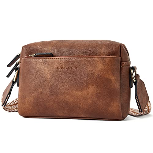 BOSTANTEN Small Crossbody Purse for Women Triple Zip Cell Phone Leather Shoulder Handbag with Wide Guitar Strap Brown