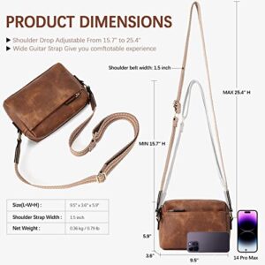 BOSTANTEN Small Crossbody Purse for Women Triple Zip Cell Phone Leather Shoulder Handbag with Wide Guitar Strap Brown