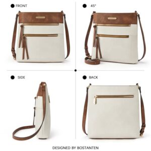 BOSTANTEN Crossbody Purses Shoulder Bags for Women Designer Leather Zipper Cell Phone Purses Handbags with Adjustable Strap Brown with White