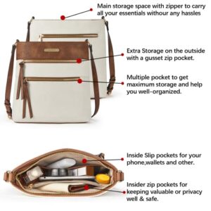 BOSTANTEN Crossbody Purses Shoulder Bags for Women Designer Leather Zipper Cell Phone Purses Handbags with Adjustable Strap Brown with White