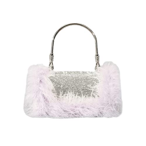 Ladies Ostrich Feather Rhinestone Tote Bag,Shiny High-End Mink Fur Full Diamond Shoulder Messenger Bag For Party Wedding. (Purple,One size)