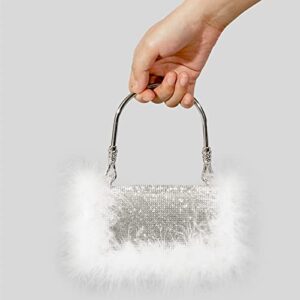 Ladies Ostrich Feather Rhinestone Tote Bag,Shiny High-End Mink Fur Full Diamond Shoulder Messenger Bag For Party Wedding. (Purple,One size)