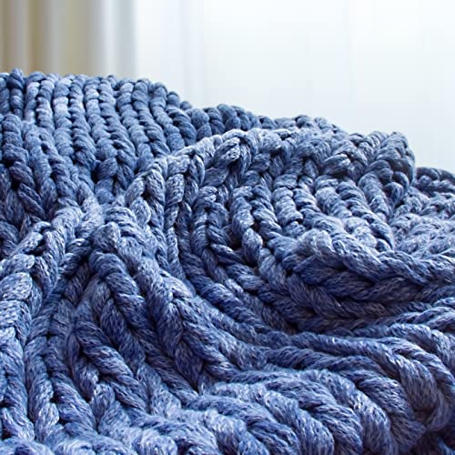 Chunky Knit Blanket Throw Warm Chenille Soft Cozy Boho Home Decor Handmade Cozy Throw Yarn Blanket 50x60 Inch Bed Sofa Blue