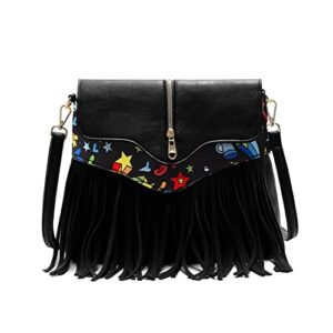 sunwel fashion tassel purse with ethnic print hobo & crossbody handbag for women girls (black)