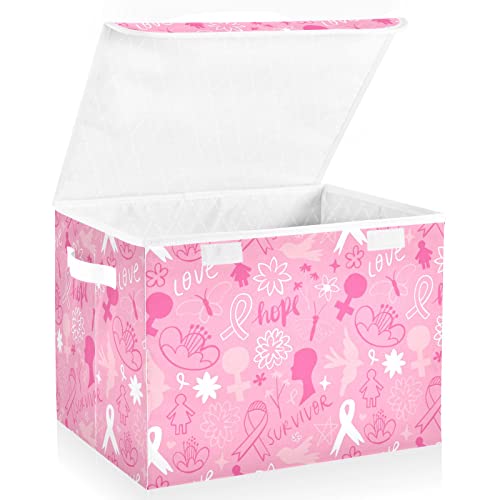 AMmao Foldable Storage Bins with Lids Pink Doodle Breast Cancer Awareness Large Storage Box Clothes Books Storage Organizer Container Basket for Home Bedroom Office Closet 16.5x12.6x11.8 In