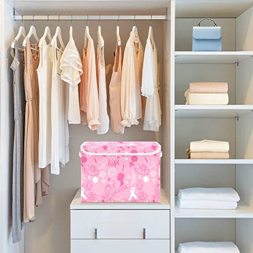 AMmao Foldable Storage Bins with Lids Pink Doodle Breast Cancer Awareness Large Storage Box Clothes Books Storage Organizer Container Basket for Home Bedroom Office Closet 16.5x12.6x11.8 In