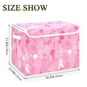 AMmao Foldable Storage Bins with Lids Pink Doodle Breast Cancer Awareness Large Storage Box Clothes Books Storage Organizer Container Basket for Home Bedroom Office Closet 16.5x12.6x11.8 In