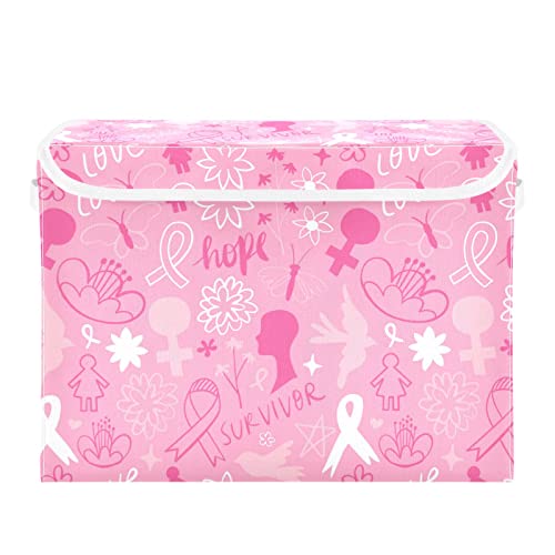 AMmao Foldable Storage Bins with Lids Pink Doodle Breast Cancer Awareness Large Storage Box Clothes Books Storage Organizer Container Basket for Home Bedroom Office Closet 16.5x12.6x11.8 In