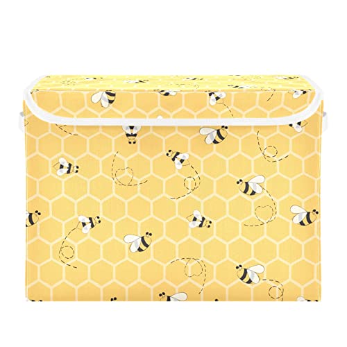 DOMIKING Yellow Bees Honey Large Storage Bin with Lid Collapsible Shelf Baskets Box with Handles Organizing Container for Nursery Drawer Shelves Cabinet