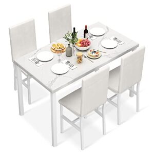 tantohom faux marble dining table set, compact kitchen table and chairs for 4, 5 pieces dining room table set with 4 leather upholstery chairs for small space, living room, breakfast nook, all white
