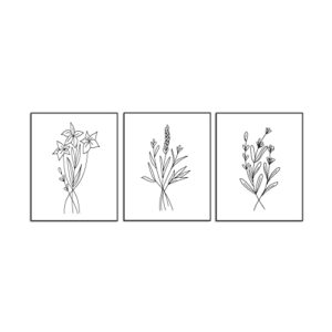 black and white wall art prints for living room, bedroom, kitchen, office, bathroom wall decor, minimalist wall art, botanical prints, plant poster, flower pictures, set of 3, 8″ x 10″, unframed.