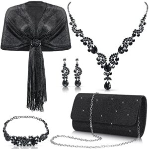 tiamon 5 pcs rhinestone jewelry sets silver shawls and wraps formal clutch purses for women evening dresses bridal weddings (black, glitter)
