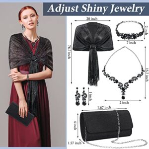 Tiamon 5 Pcs Rhinestone Jewelry Sets Silver Shawls and Wraps Formal Clutch Purses for Women Evening Dresses Bridal Weddings (Black, Glitter)