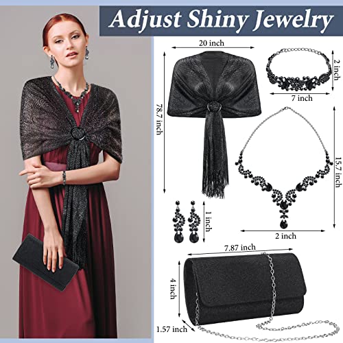 Tiamon 5 Pcs Rhinestone Jewelry Sets Silver Shawls and Wraps Formal Clutch Purses for Women Evening Dresses Bridal Weddings (Black, Glitter)