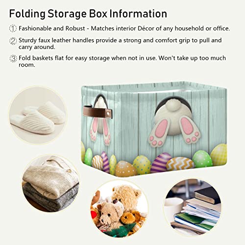 Easter Day Bunny Tail Eggs Storage Basket Fabric Laundry Baskets Happy Easter Rabbit Spring Storage Boxes Organizer Bag for Baby Cloth Dog Toy Book Storage Cubes Shelf Closet Bins 16×12×8 Inches