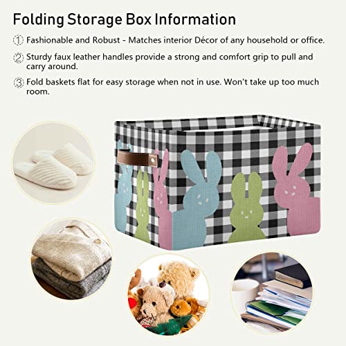 Happy Easter Day Eggs Storage Basket Fabric Laundry Baskets Easter Peeps Bunny Black White Buffalo Plaid Storage Boxes Organizer Bag for Baby Toy Book Storage Cubes Shelf Closet Bins 16×12×8 Inches