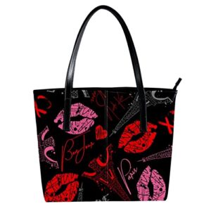 paris tower lips retro tote bag for women girls, leather shoulder bag with inside pockets, zip top handbags