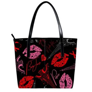 Paris Tower Lips Retro Tote Bag for Women Girls, Leather Shoulder Bag with Inside Pockets, Zip Top Handbags