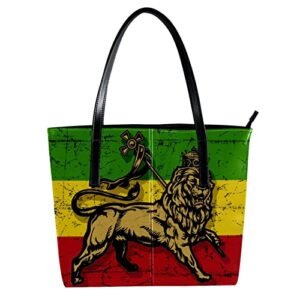 women tote shoulder bag, rasta judah flag lion leather work handbag with zipper for teens college students