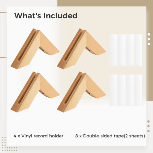 TIMCORR Vinyl Record Holder Set : Vinyl Wall Mount for Record Display, Beech Wood Album Shelf with Sticky Transparent Tapes Hanging on the Wall (Beech Wood Set of 4)