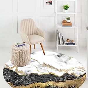Black White Gold Marble Abstract Modern Round Area Rug for Living Room Bedroom Luxury Thick Washable Circular Carpet Under Dining Table Indoor Home Office Aesthetic Floor Rug 8ft