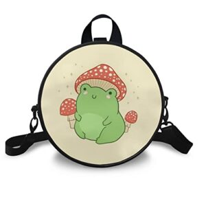 salabomia frog with mushroom print women round crossbody bag, cute pu circle purse women’s tote handbags, small portable multi-function travel/shopping handbag, yellow
