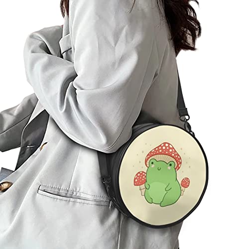 Salabomia Frog with Mushroom Print Women Round Crossbody Bag, Cute PU Circle Purse Women's Tote Handbags, Small Portable Multi-Function Travel/Shopping Handbag, Yellow