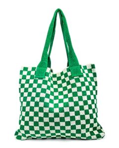 stizimn crochet tote bag for women shoulder bag handbags knitting hobo bag aesthetic handmade weaving large capacity (checkerboard pattern green)